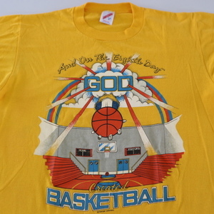 80s USA製 GOD BASKETBALL Tシャツ L イエロー バスケットボール イラスト チーム カレッジ スポーツ 半袖 Jerzees ヴィンテージ