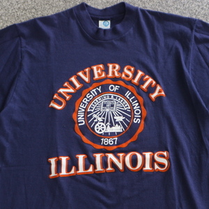 80s USA製 UNIVERSITY ILLINOIS Tシャツ XL ネイビー フロッキープリント イリノイ大学 半袖 カレッジ チーム ロゴ ARTEX 70s ヴィンテージ