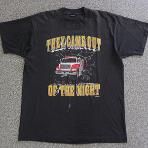 90s USA製 Fire Department 消防車 Tシャツ L ブラック 消防士 ファイヤーマン Backdraft イラスト 車 両面プリント ヴィンテージ