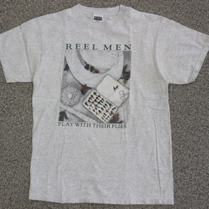 90s REEL MEN ルアー 釣り Tシャツ L グレー フィッシング Lure チョウ 魚 サカナ 半袖 イラスト アート USA ヴィンテージ