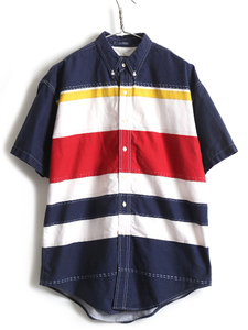 90's ■ チャップス ラルフローレン マルチカラー ボーダー コットン 半袖 ボタンダウン シャツ ( メンズ 男性 L ) 古着 POLO ポロ 90年代