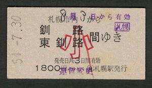 A型青地紋乗車券 札幌市内から釧路/東釧路（小児）昭和50年代（払戻券）