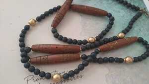 * ethnic . impression * long wood beads × black * Gold color beads necklace *