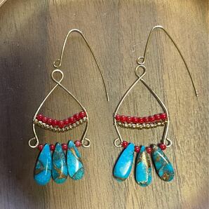 -SUI8- No.60 ブルーコッパーターコイズとレッドコーラルピアス　a blue copper turquoise and red corals Pearce Earring K14gf 24kgp