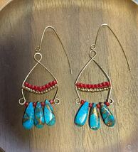 -SUI8- No.60 ブルーコッパーターコイズとレッドコーラルピアス　a blue copper turquoise and red corals Pearce Earring K14gf 24kgp_画像1