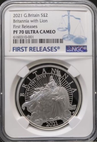 希少】最高鑑定 2021年 イギリス ブリタニア ライオン 銀貨 2ポンド