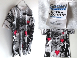 希少 ビンテージ I LOVE LUCY 50年代アメリカンコメディー ルシルボール 総柄 フォトプリント コラージュ Tシャツ M コットン100％ GILDAN