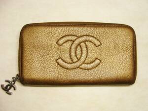 CHANEL シャネル ◇ CC ココ マーク チャーム チェーン 編込 皮 革 レザー ラウンド ジップ ウォレット 長 財布