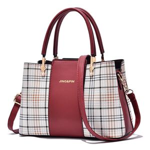 レディースハンドバッグ ショルダーバッグ 斜めがけ ハンドバッグ 肩掛け 女性 カバン PUレザー チェック柄 レッド