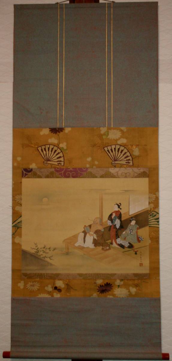 [Authentic Work] Edo Period Ukiyo-e Harunobu Suzuki Beautiful Hotei Illustration Hanging Scroll Embroidered Mount, painting, Japanese painting, person, Bodhisattva