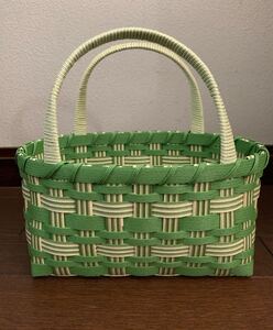 お値下げ!クラフトバンドバッグ ストライプグリーン カゴバッグ エコクラフトバッグ