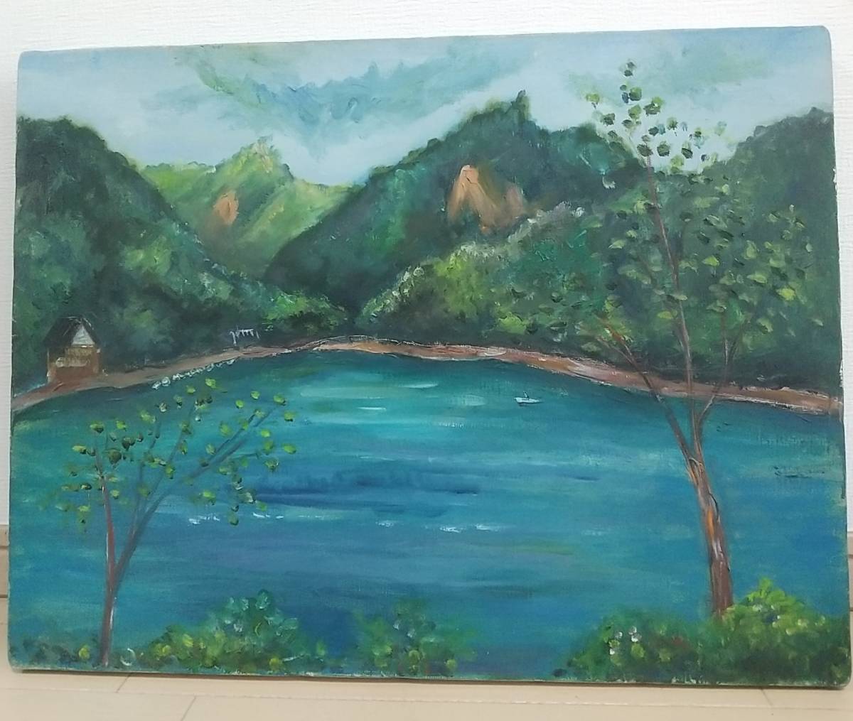 Oil painting P10 size Lake Canvas only No frame Oil painting Landscape painting Hand-painted Original painting [Free shipping], Painting, Oil painting, Nature, Landscape painting