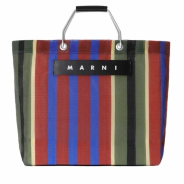 新品未使用　完売品　マルニ　MARNI フラワーカフェ　ストライプバッグ　モスグリーン　