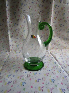 A [ hand made glass. pitcher green. handle . tulip pattern. cut attaching ~ height 22cm]~ box none Roo mania made 