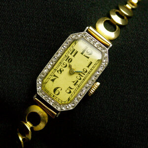  antique 18KYG× diamond hand winding type lady's watch 
