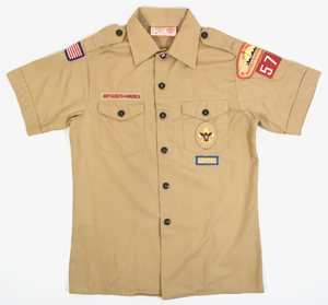 USA製 1960-70s BOY SCOUTS ヴィンテージボーイスカウト 半袖シャツ YOUTH L ベージュ ワッペン 星条旗 VINTAGE