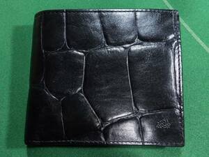 □英 マルベリーMulberry クロコダイル型押しレザー 小銭入れ付 2つ折り 財布 CONGO COIN WALLET ブラック ほぼ未使用・箱付!!!□