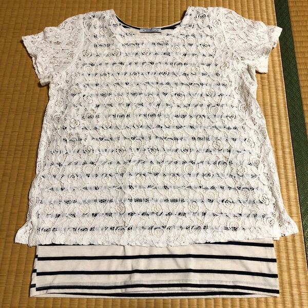 レディース トップス レースの二枚重ね風Tシャツ