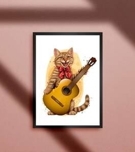 ギター★アート★猫★ネコ★CAT★キャット★猫カフェ★グラフィックアート カフェ ★A4アートポスター