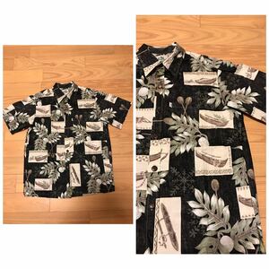 着用少な目.美品☆HAWAII.USA製／PARADISE BAY サイズS 裏使い生地 半袖アロハシャツ フルボタンアップ 葉っぱ&カヌー.フレーム総柄 黒色