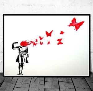 G675 BANKSY バンクシー　蝶　バタフライ　レッド　キャンバスプリントポスター 50×70cm インテリア 海外製 枠なし