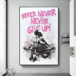 G592 バンクシー banksy ストリートキャンバスアートポスター　never give up　50×70cm インテリア　ポップアート　枠なし　pink