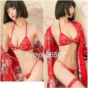 新品セクシー和服コスプレ花魁着物花柄浴衣パジャマ 寝巻きネグリジェ 薄生地 涼やか 赤 妖艶ミニ羽織 リボン ビキニ 赤色 レッド