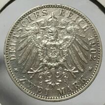 ドイツ　バーデン　2マルク銀貨　1902年　統治50周年　レア　貴重　アンティークコイン/レーヴェコイン_画像2