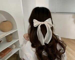 【送料無料】オーガンジーリボンバレッタ シャンパン パール 量産型 韓国 ヘアアクセサリー ヘアクリップ レディース 髪留め 2