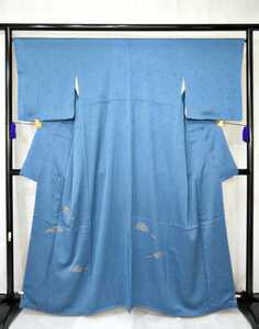ブルーの付下げ しつけ付き　訪問着 正絹 刺繍　扇子柄　着物 リメイク　練習用　kimono優雅 2021081801