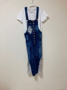 サロペット デニム ワンピース レース プチフォーマル カジュアル ダメージ加工 ブルー ウォッシュ デニムオーバーオール