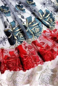 チュールレース レース生地 薔薇刺繍 豪華大輪 グレー生地 グリーンバラ