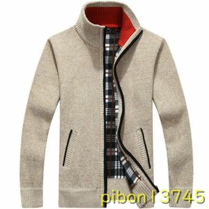 H1216：冬の厚手 メンズニットセーターコート オフホワイト 長袖カーディガンフリースフルジップ 男性因果プラスサイズの秋服