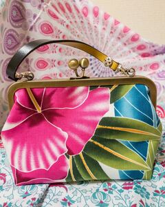 ハンドメイド ハイビスカス柄 がま口ミニバッグ ポーチ