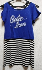 150㎝ CUTE LOVE ノースリーブワンピース 半袖 Tシャツ アンサンブル 白×黒ボーダー/青
