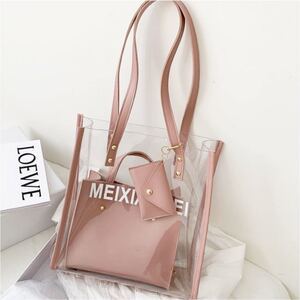 【ピンク】レディース 透明バッグ ショルダーバッグ ハンドバッグ クリアバッグ ビニールバッグ 肩掛け 通勤 通学 3点セット