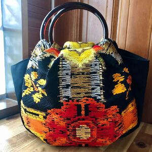 ハンドメイド 着物帯リメイク まんまる可愛い手提げバッグ