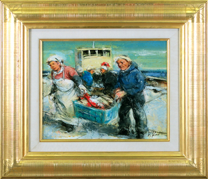 工藤和男（魚運ぶ港　３号）油彩画 真作 Artcre