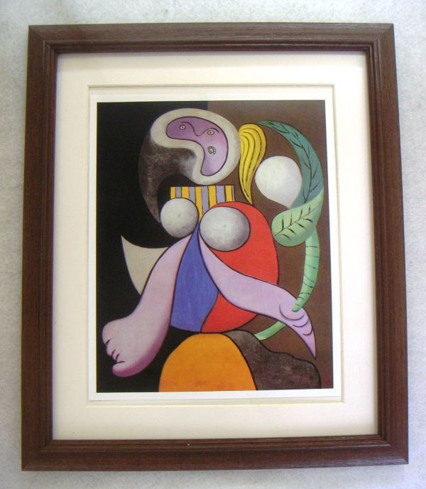 ●Офсетная репродукция Пикассо «Женщина с цветами» в деревянной раме., Рисование, Картина маслом, Портреты