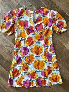  Showa Retro under north old clothes no start rujik70's costume that time thing tulip pattern dress piece ..80's colorful Vintage imported car 