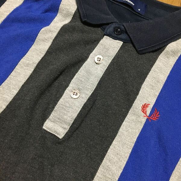 フレッドペリー 英語　イギリス　ポロシャツ　ストライプ　FRED PERRY フレッドペリー　ネイビー　グレー　ユニオンジャック　ロンドン