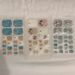 フット用 ネイルシール 3枚セット 可愛い オフィス オフィスカジュアル ベージュ ブルー 青系 夏 秋 ラインストーン 足用