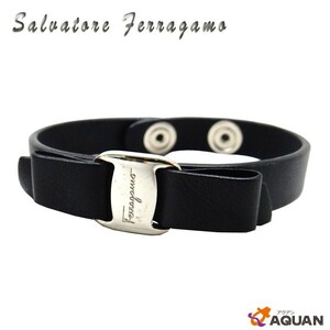 Salvatore Ferragamo フェラガモ ヴァラ リボン ブレスレット バングル レザー ブラック 黒 レディース アクセサリー 美品 aq1826