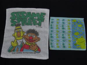 廃盤 希少 ビンテージ 80s-90s ? セサミストリート カエル タオルハンカチ 2枚 レア オールド ロゴ 刺繍 SESAME STREET ハンド ミニ