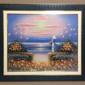 QM4118 油絵 油彩 絵画 海辺の夕日と少女の画像1