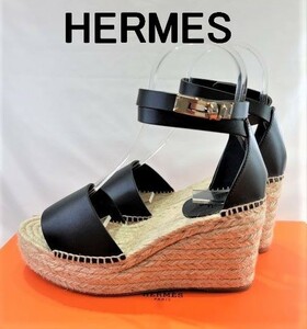 【新品】エルメス　HERMES ケリー金具 ウェッジソール　エスパドリーユ　ティポリ　サンダル　黒　37　新品
