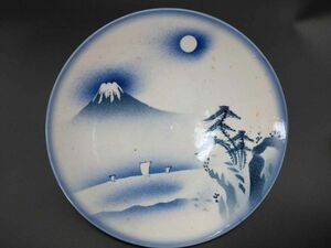 大皿 染付 絵皿 風景 富士山 年代物 時代物 レトロ アンティーク 陶器 骨董 飾り皿 (21_808_2)