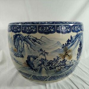 大きな鉢　花瓶　植木鉢　インテリア　置物　27.3cm　オブジェ　骨董　陶器　白　青　ホワイト　ブルー (21_727_7)