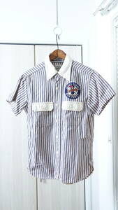 * made in Japan PHERROW'S Fellows STORMY BLUE stormy blue badge embroidery stripe pattern short sleeves shirt S36 Work tops replica Vintage manner 