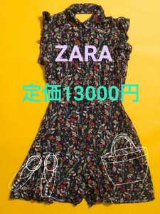 送料無料 定価13000円 新品 ZARA ザラ 花柄 オールインワン 背中見せ スリット M ショートパンツ ノースリーブ ロンパース ワンピース 黒